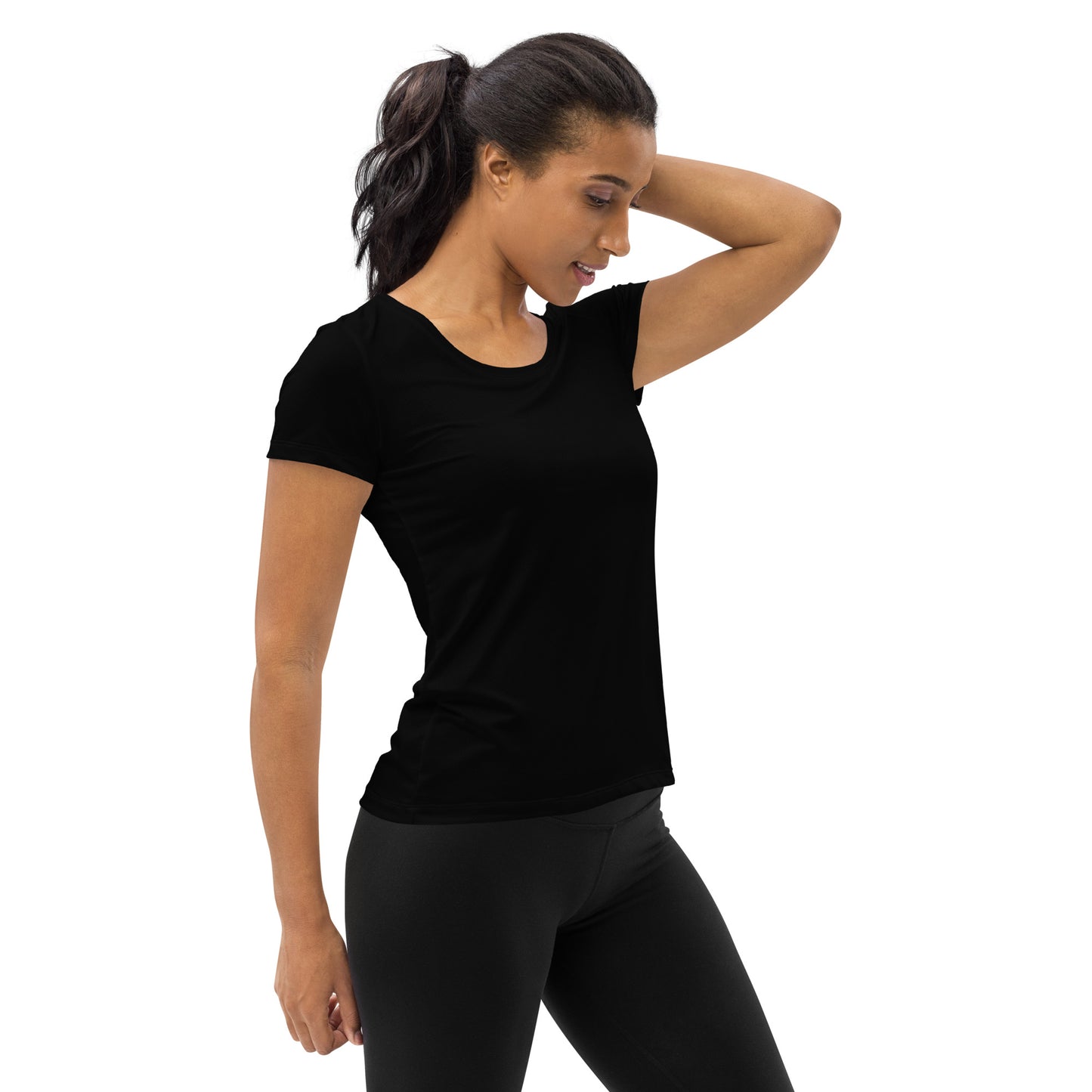 Research Merch Sportshirt für Damen getragen von einem weiblichen Model in der Seitenansicht
