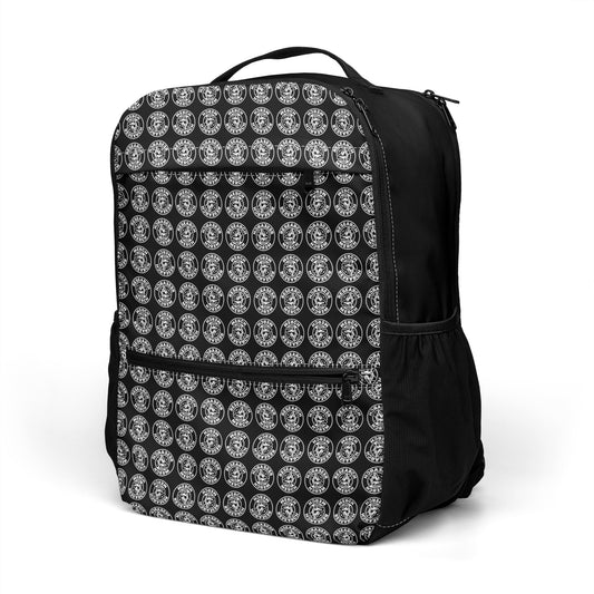 Der Statement Allzweck-Rucksack von Research Merch mit All-Over Print Muster von der Seitenansicht