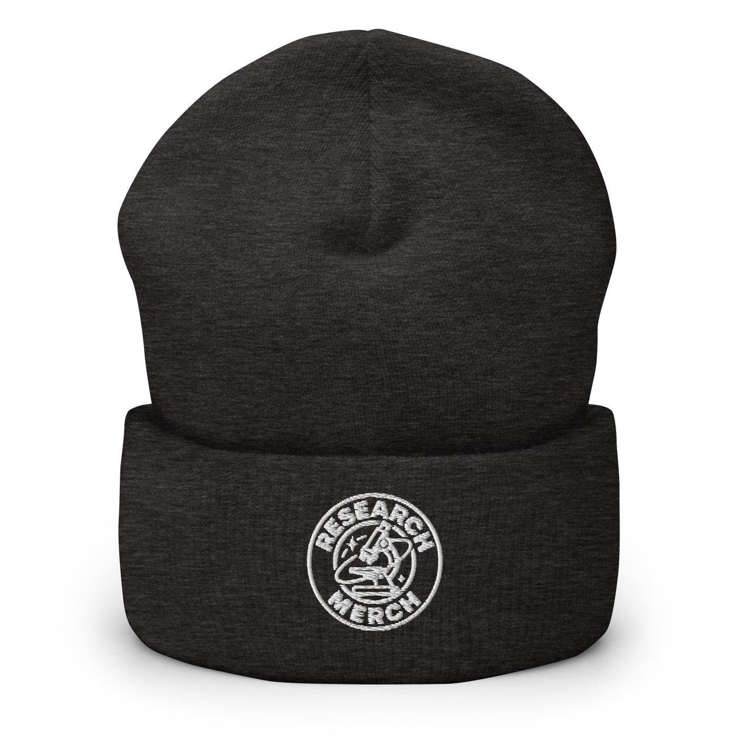 Dunkelgraue gestrickte Beanie mit Research Merch Logo auf der Vorderseite und umgeschlagenem Saum.