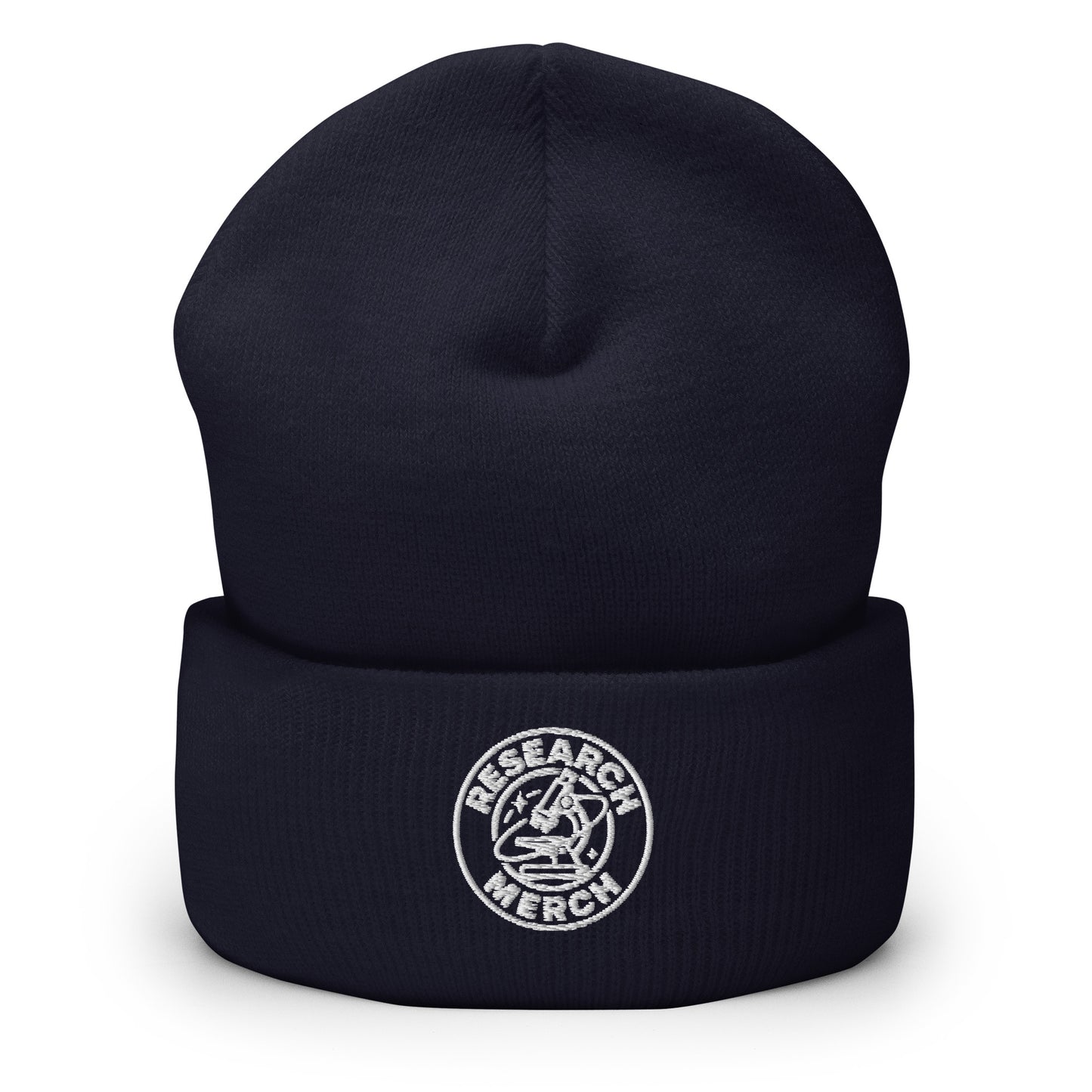 Dunkelblaue gestrickte Beanie mit Research Merch Logo auf der Vorderseite und umgeschlagenem Saum.