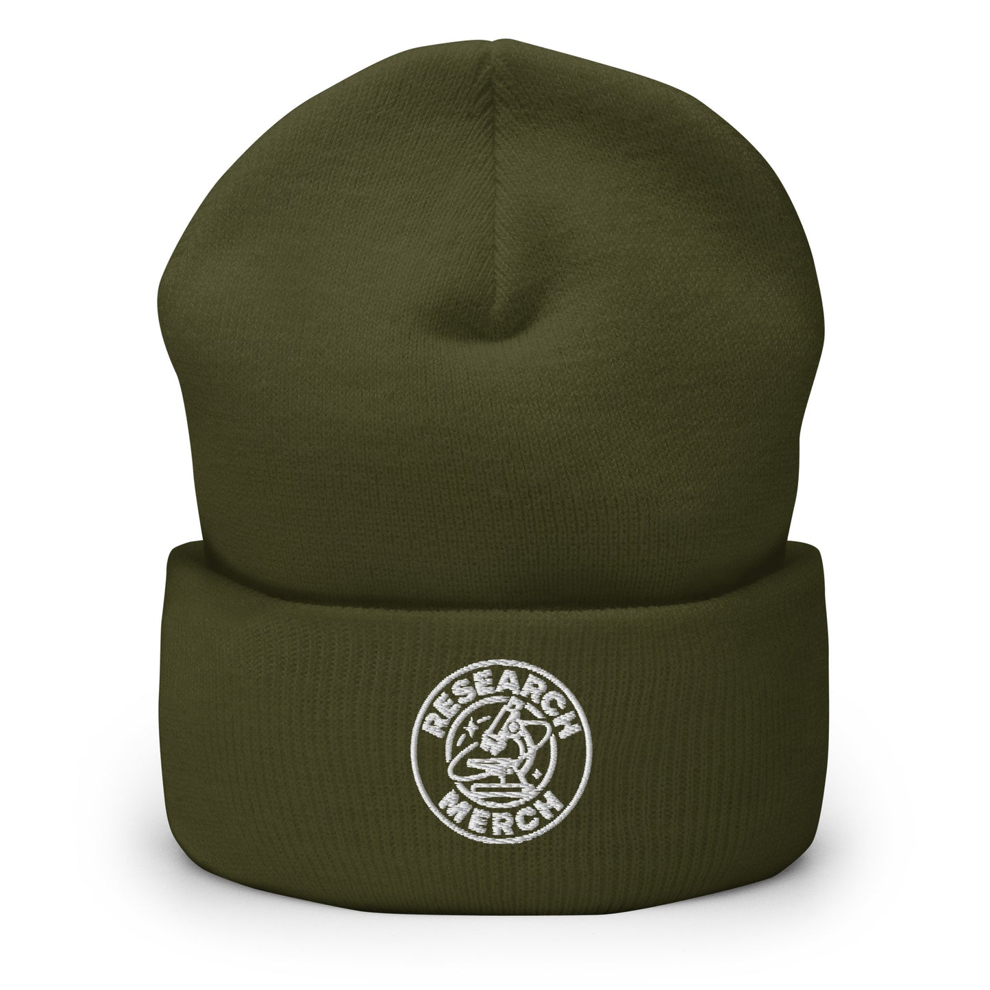 Olivgrüne gestrickte Beanie mit Research Merch Logo auf der Vorderseite und umgeschlagenem Saum.