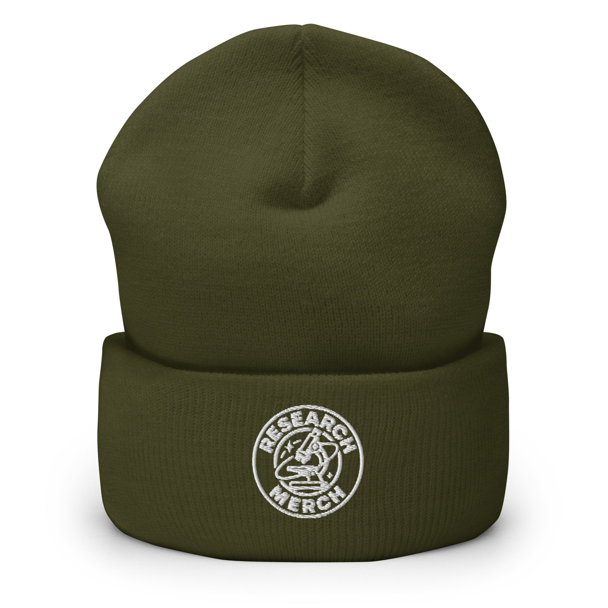 Olivgrüne gestrickte Beanie mit Research Merch Logo auf der Vorderseite und umgeschlagenem Saum.