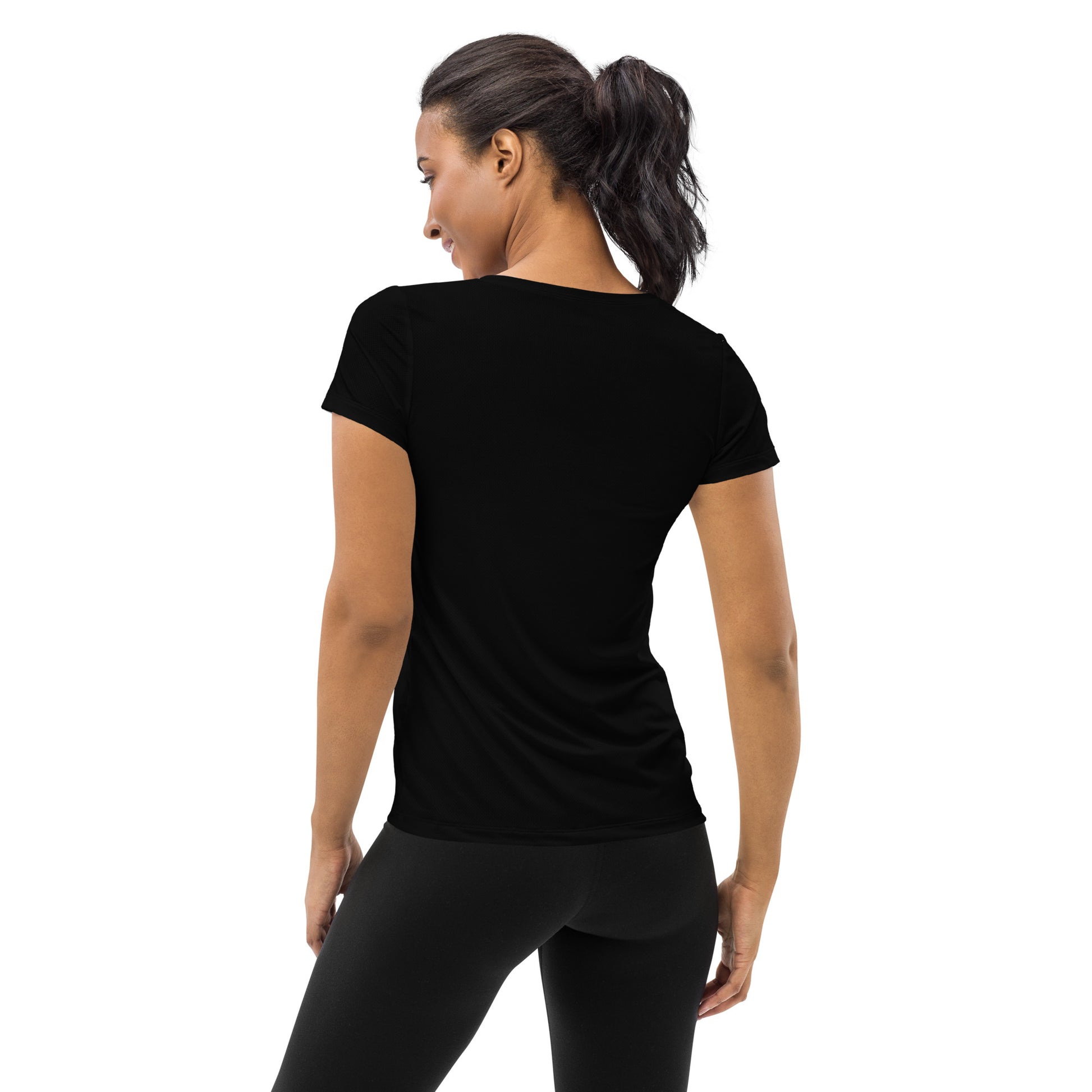 Research Merch Sportshirt für Damen getragen von einem weiblichen Model in der Rückansicht