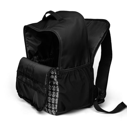 Der Statement Allzweck-Rucksack von Research Merch mit All-Over Print Muster komplett geöffnet