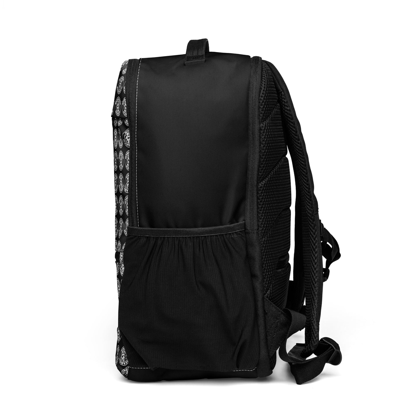 Der Statement Allzweck-Rucksack von Research Merch mit All-Over Print Muster von der Seite mit Mesh