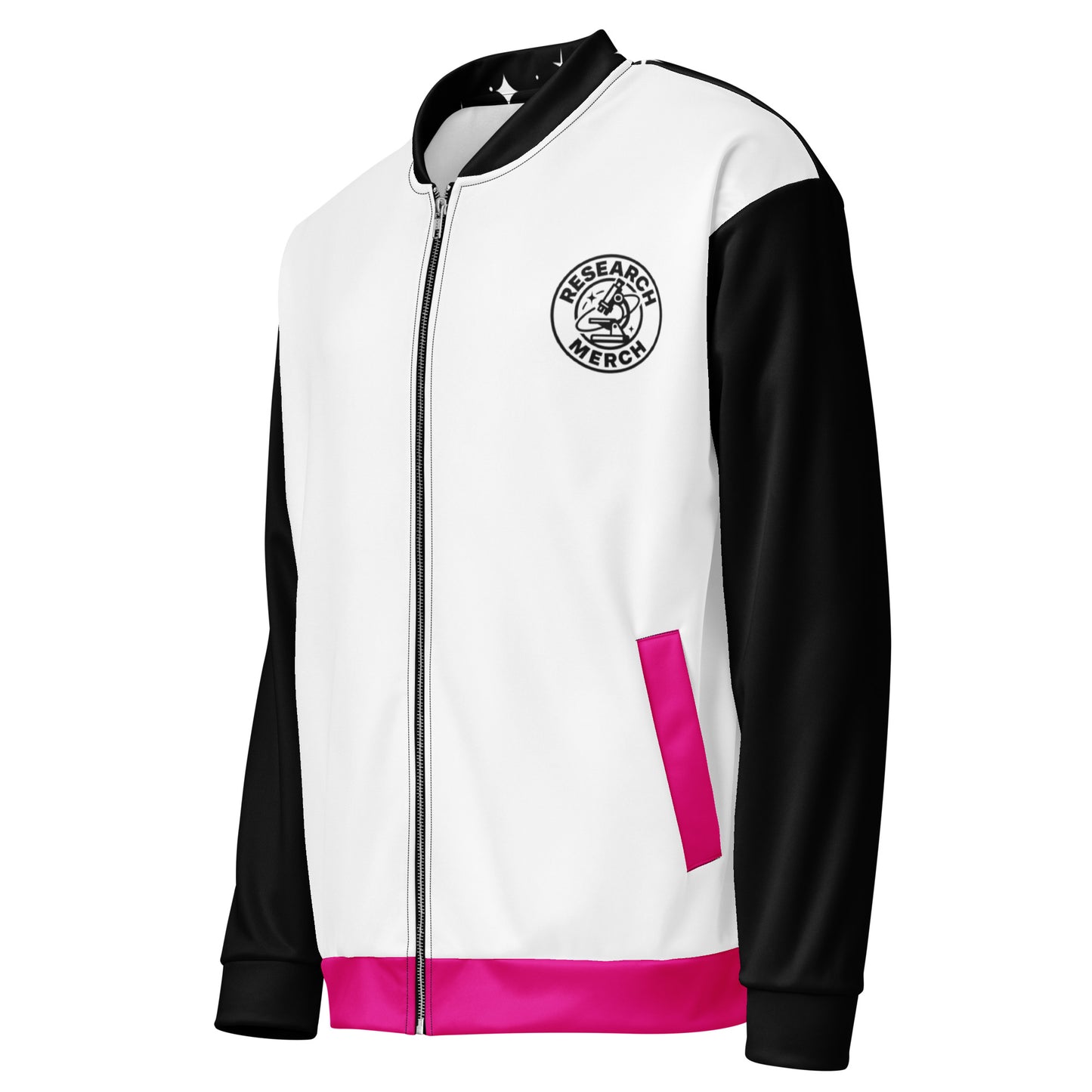 Statement Unisex Bomberjacke Seitenansicht mit Logo und pinken Akzenten