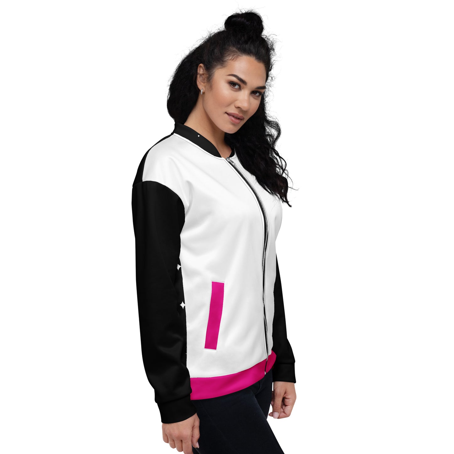 Statement Unisex Bomberjacke getragen von weiblichem Model Seitenansicht